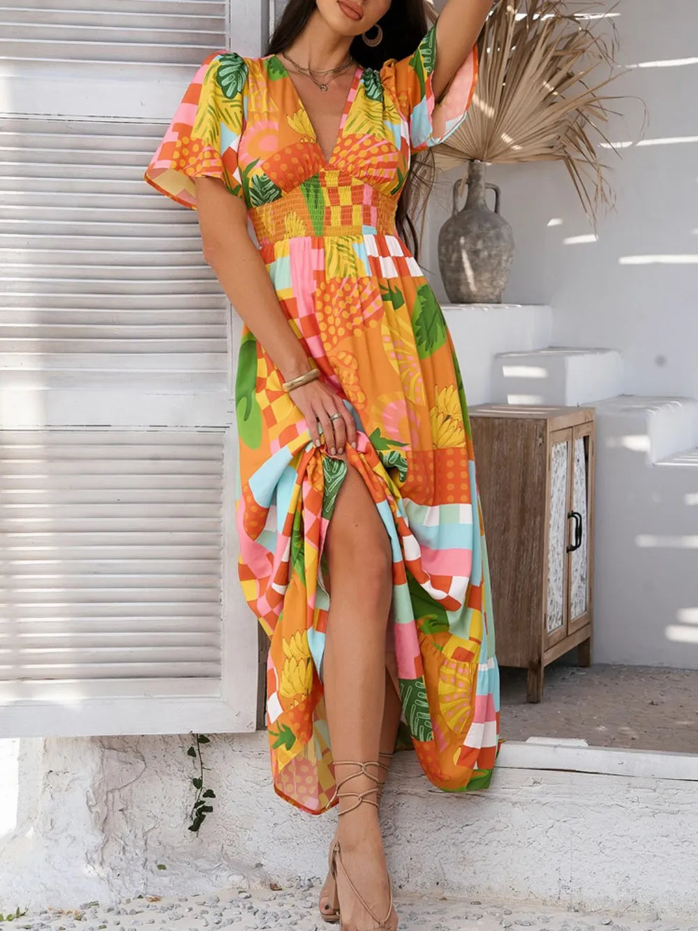 Short sleeve maxi dress side profile