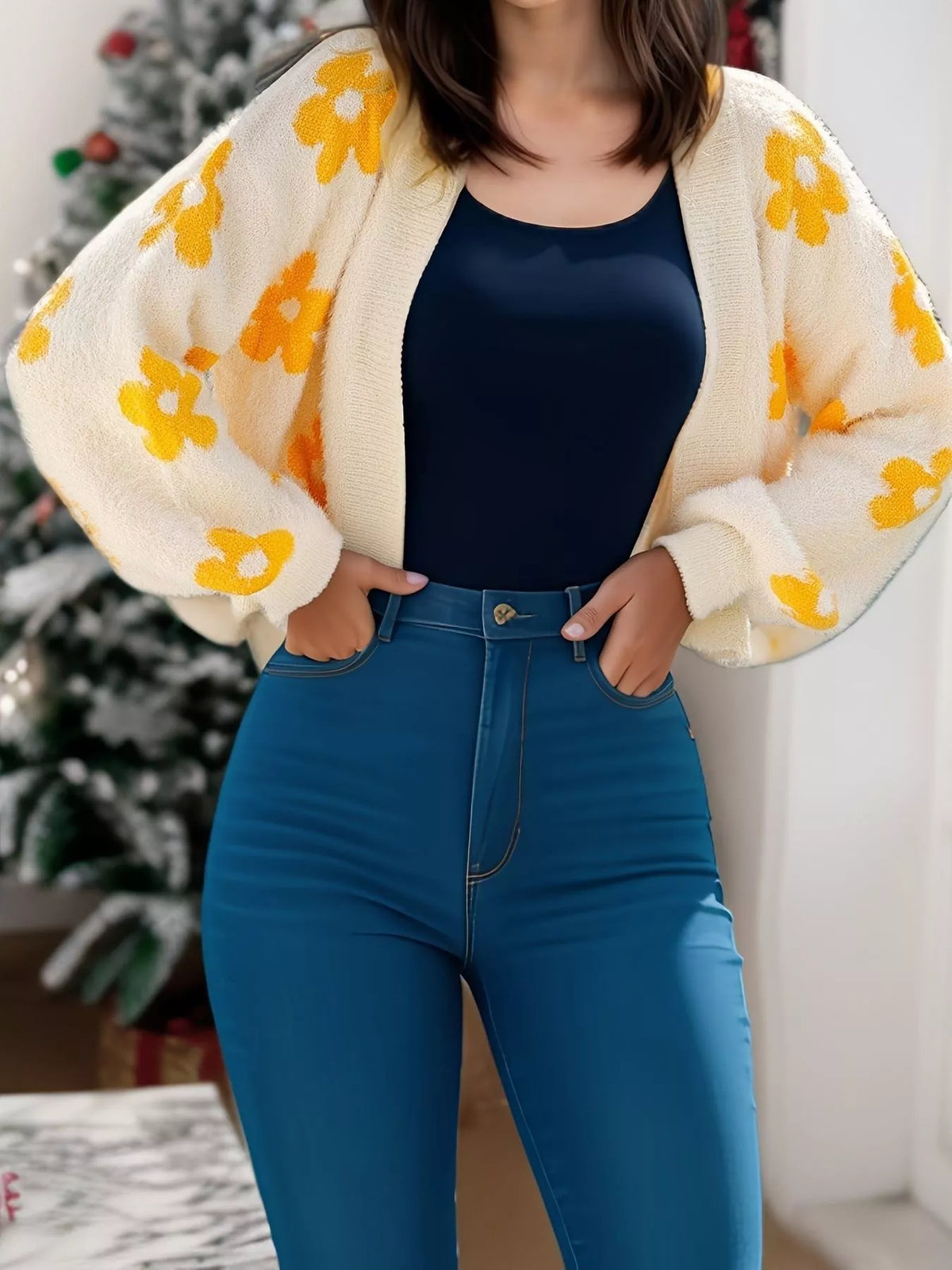 Floral open front knit cardigan floral knit detail
