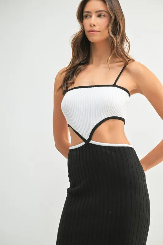 Ribbed Knit Cut Out Color Block Midi Dress in Black view 10