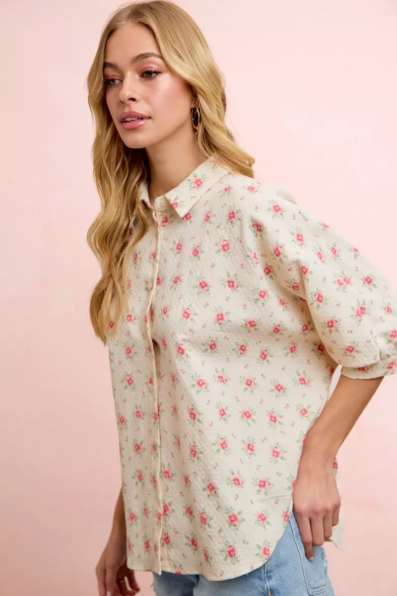 BiBi red floral dolman sleeve blouse, detail view