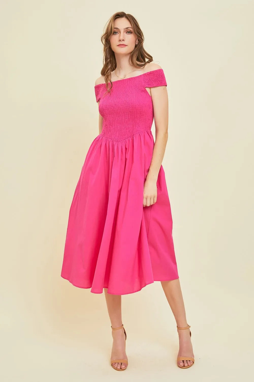 Off Shoulder Smocked Midi Dress