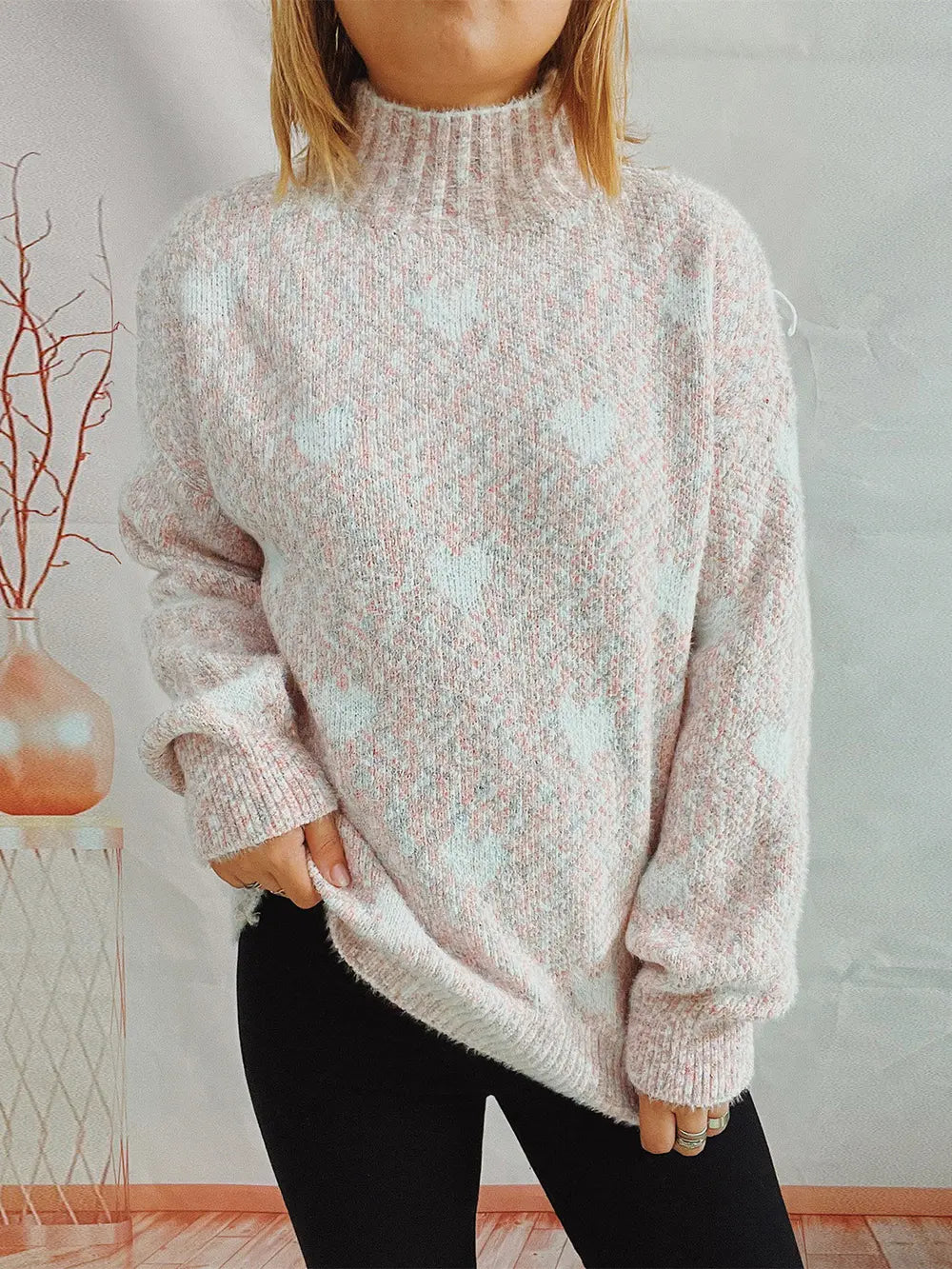 Heart Heathered Turtleneck Drop Shoulder Sweater Blush Pink One Size - Fashorio
