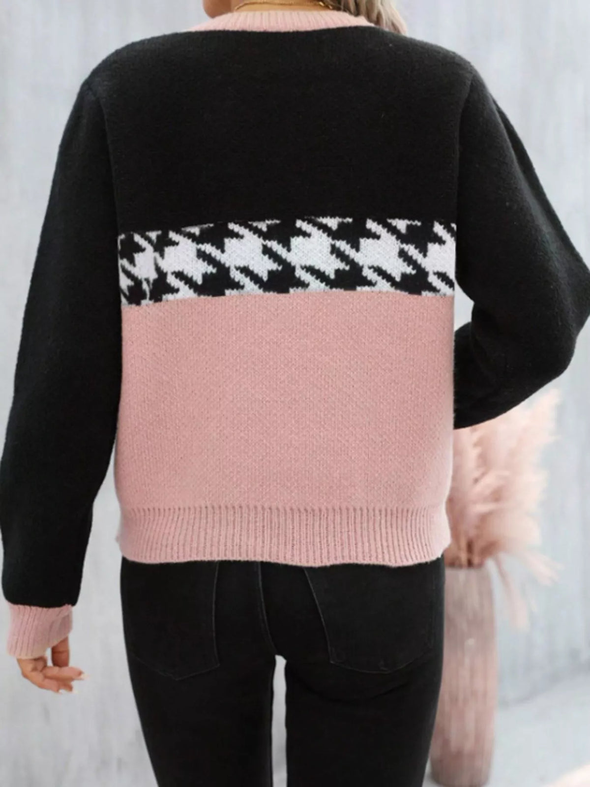 color block houndstooth sweater side view