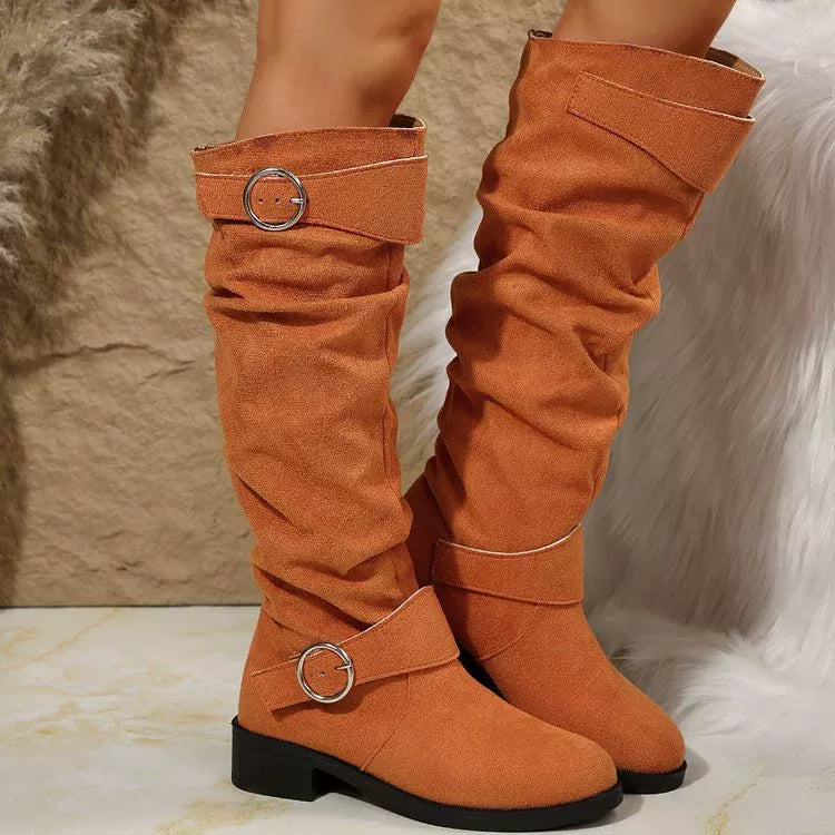 Khaki buckle accent slouch boots platform and sole detail