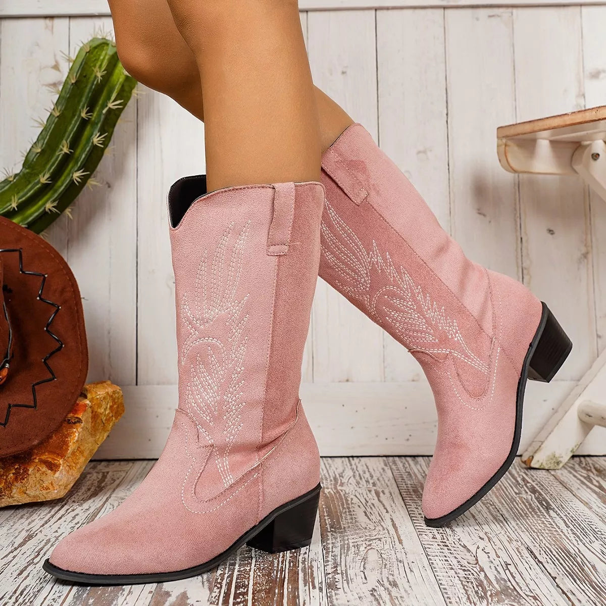 Point toe block heel boots, outdoor styling