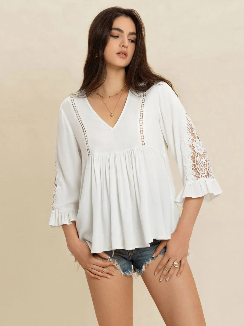 White V-neck lace flounce sleeve top front view