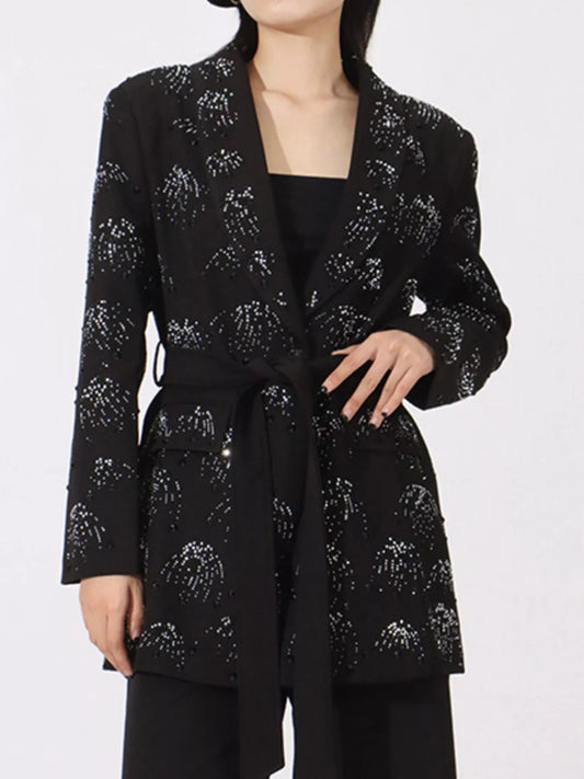 Rhinestone Button Down Long Sleeve Blazer Black - Fashorio