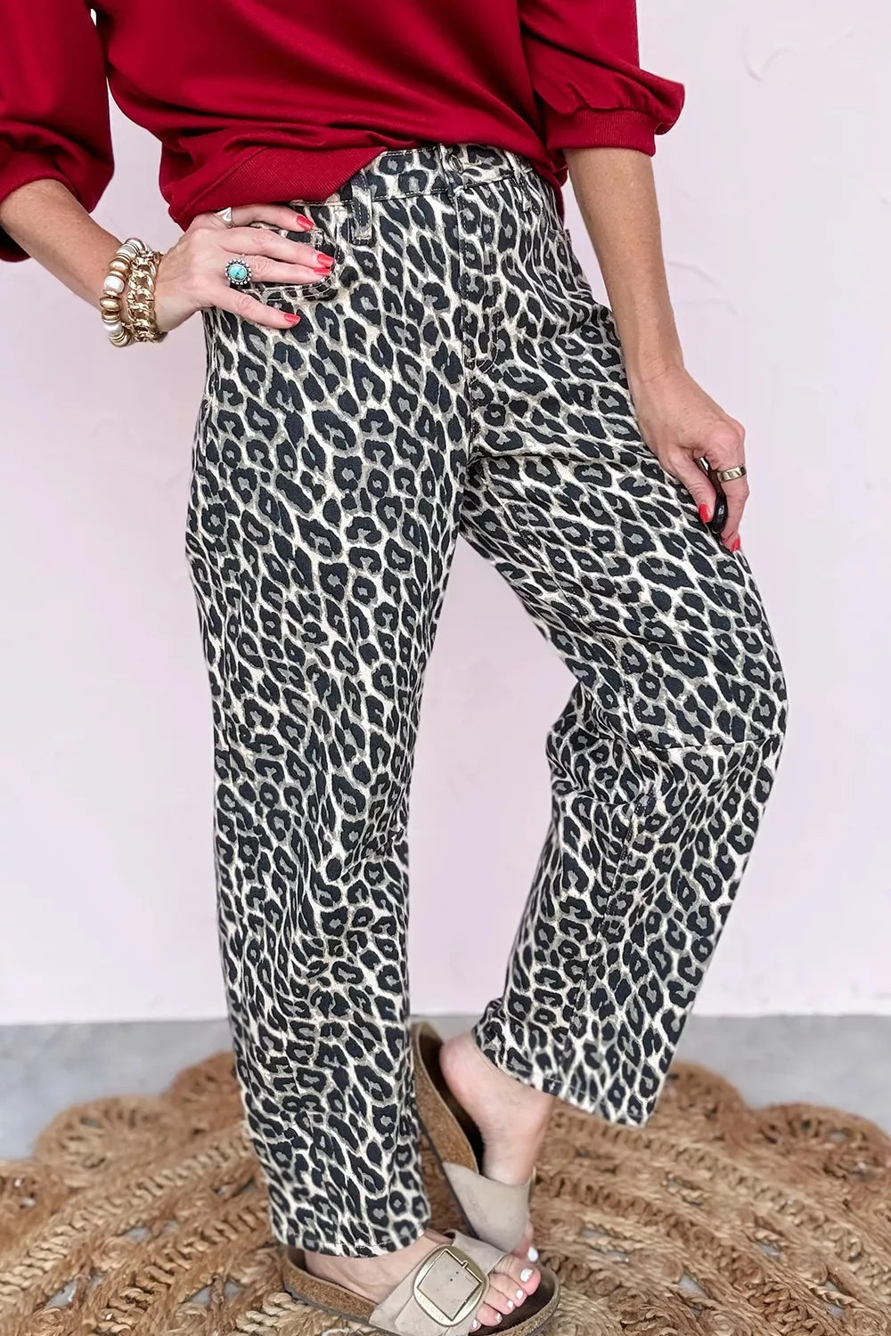 Side view of curved barrel leg jeans