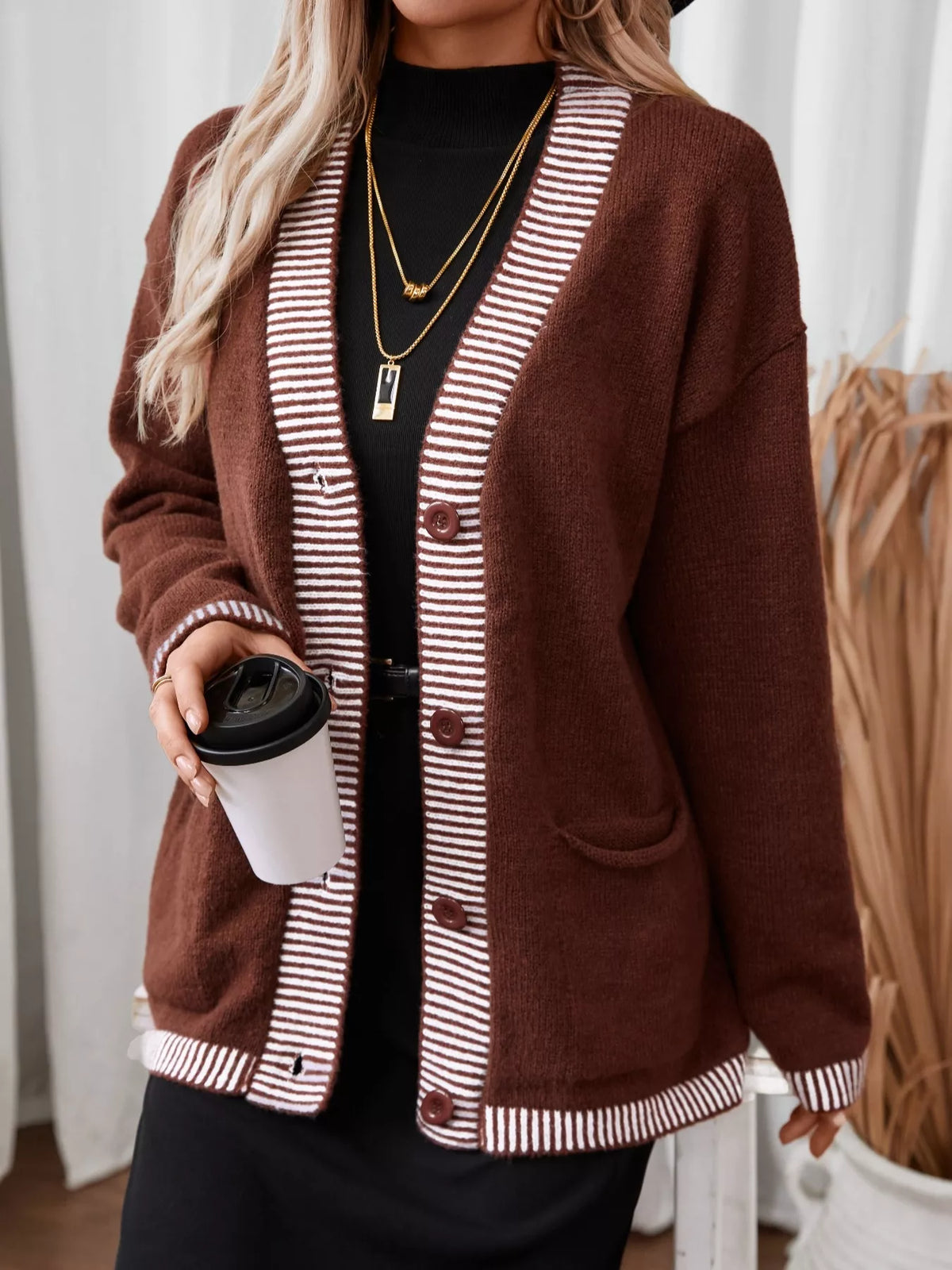 brown striped trim button front knit cardigan knit texture close up