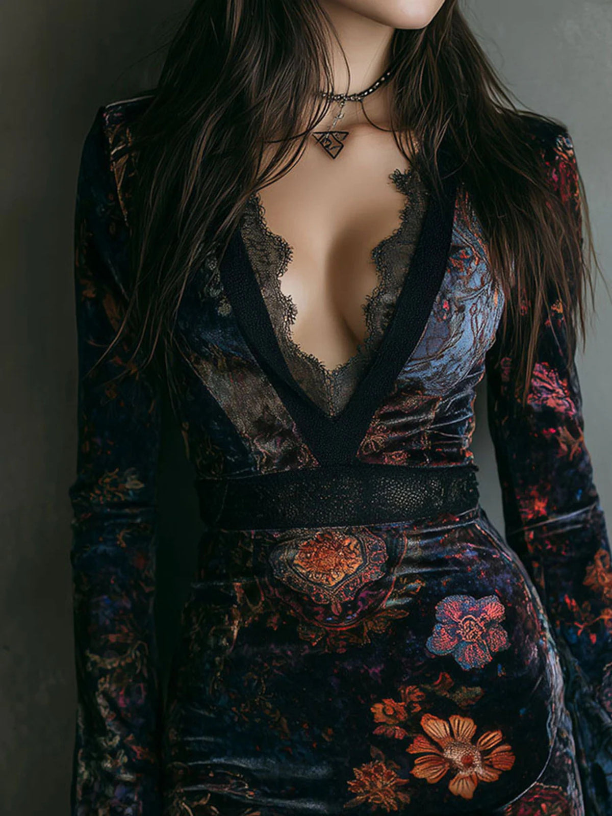 Floral velvet mini dress with lace detail, back view