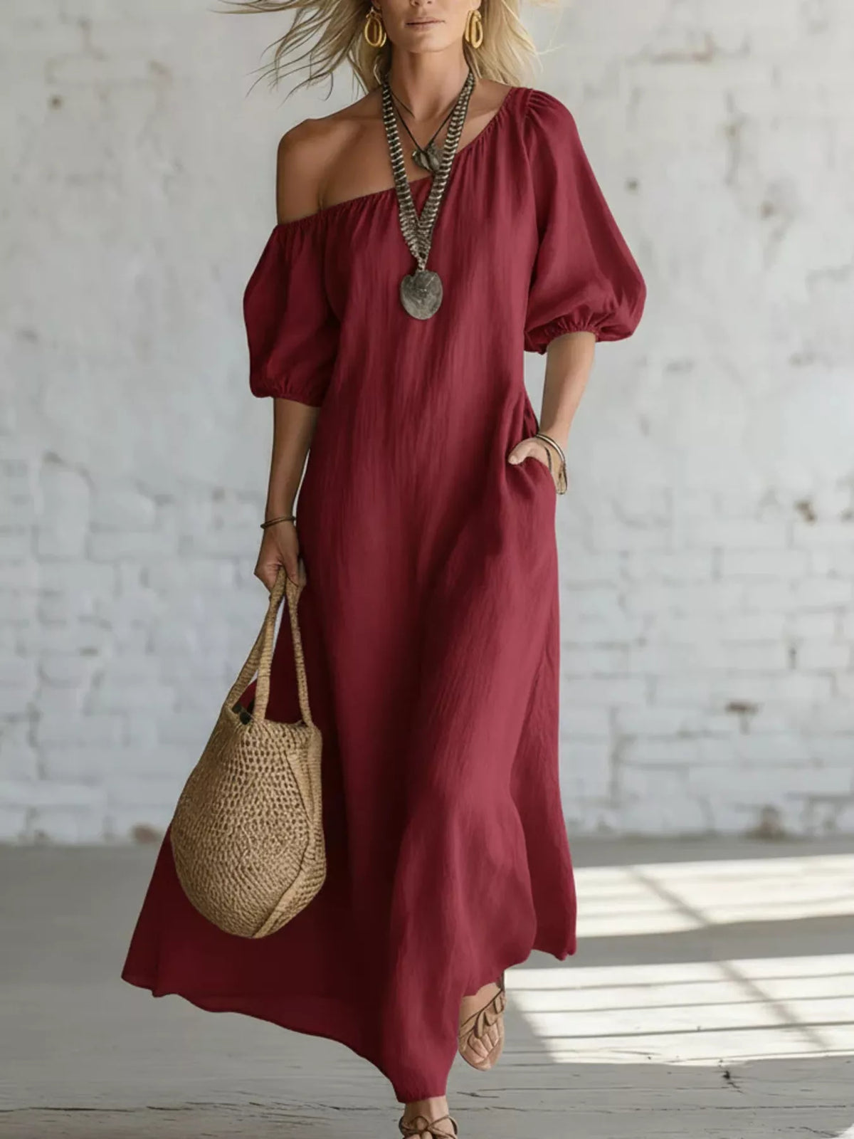 One shoulder puff sleeve maxi dress back view