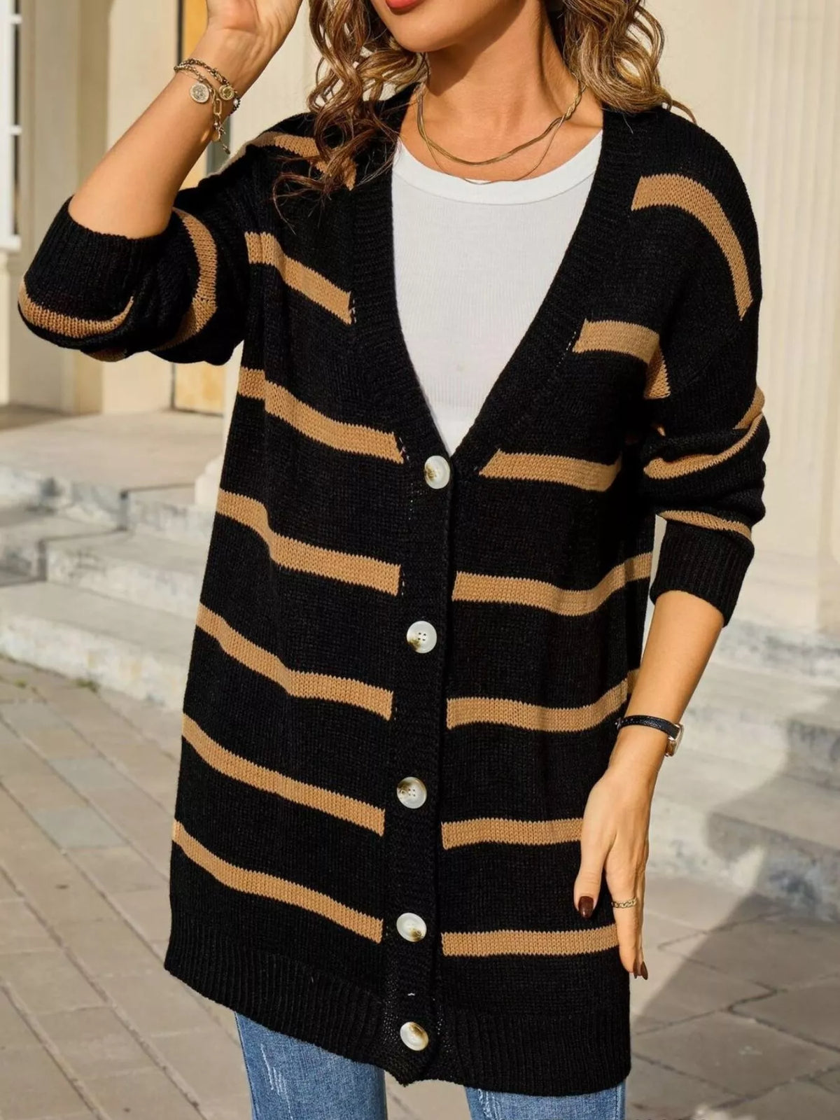 striped longline button down knit cardigan on model