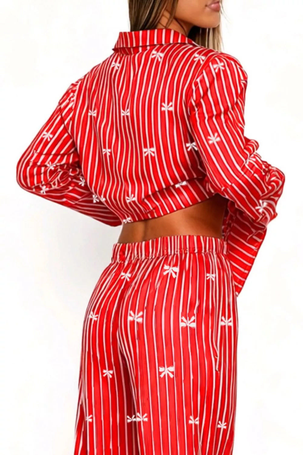 Coordinated bow print top and pants full length