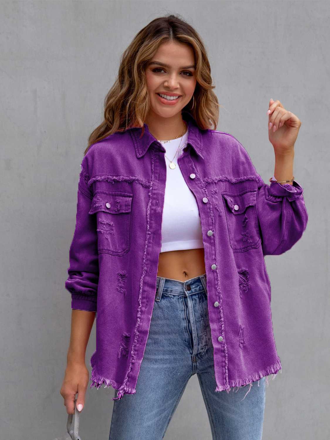 Distressed Drop Shoulder Denim Jacket Purple - Fashorio