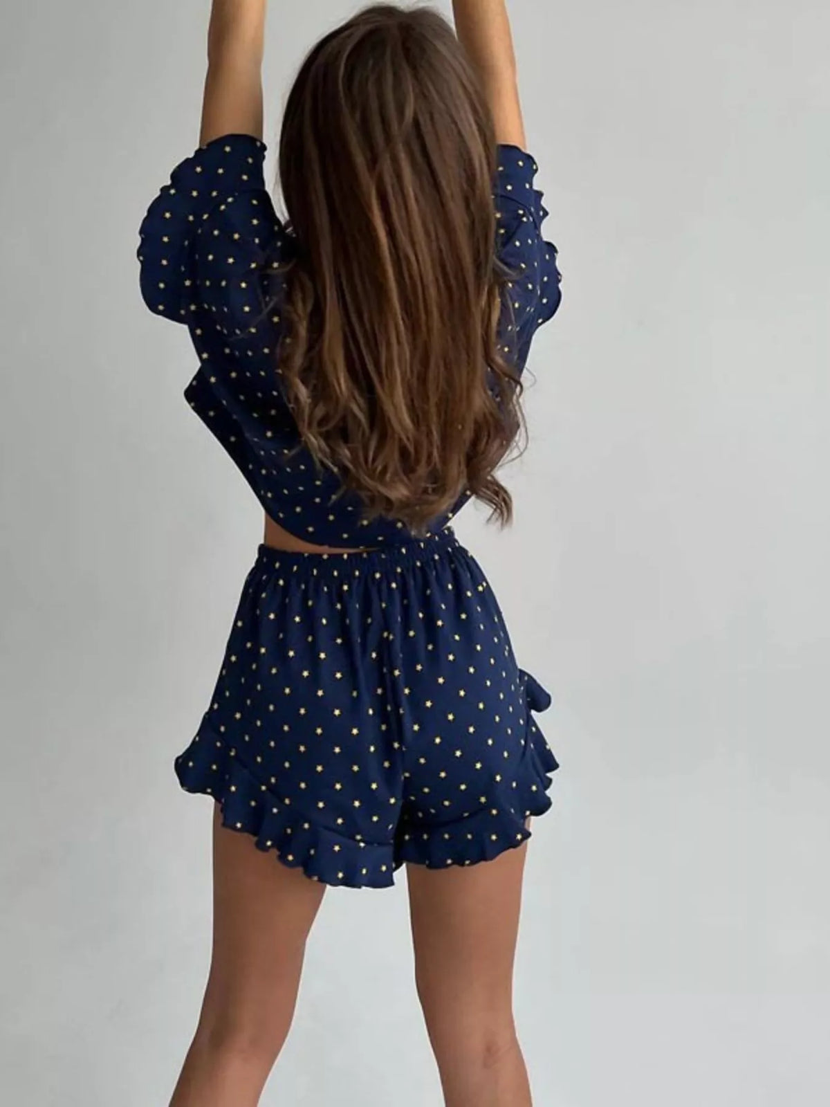 Ruffle detail on printed shorts matching set