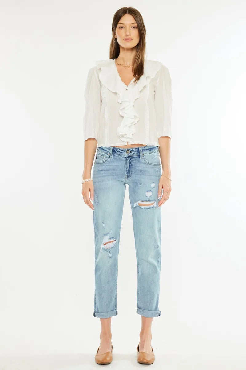 Kancan Mid Rise Distressed Boyfriend Fit Jeans - Fashorio
