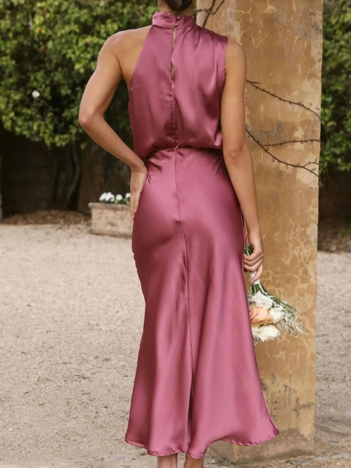asymmetrical ruched sleeveless midi dress close up