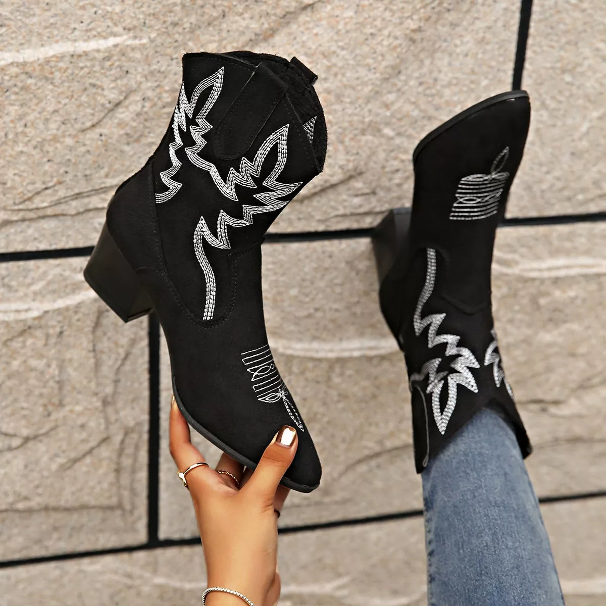 Point toe block heels boots heel detail