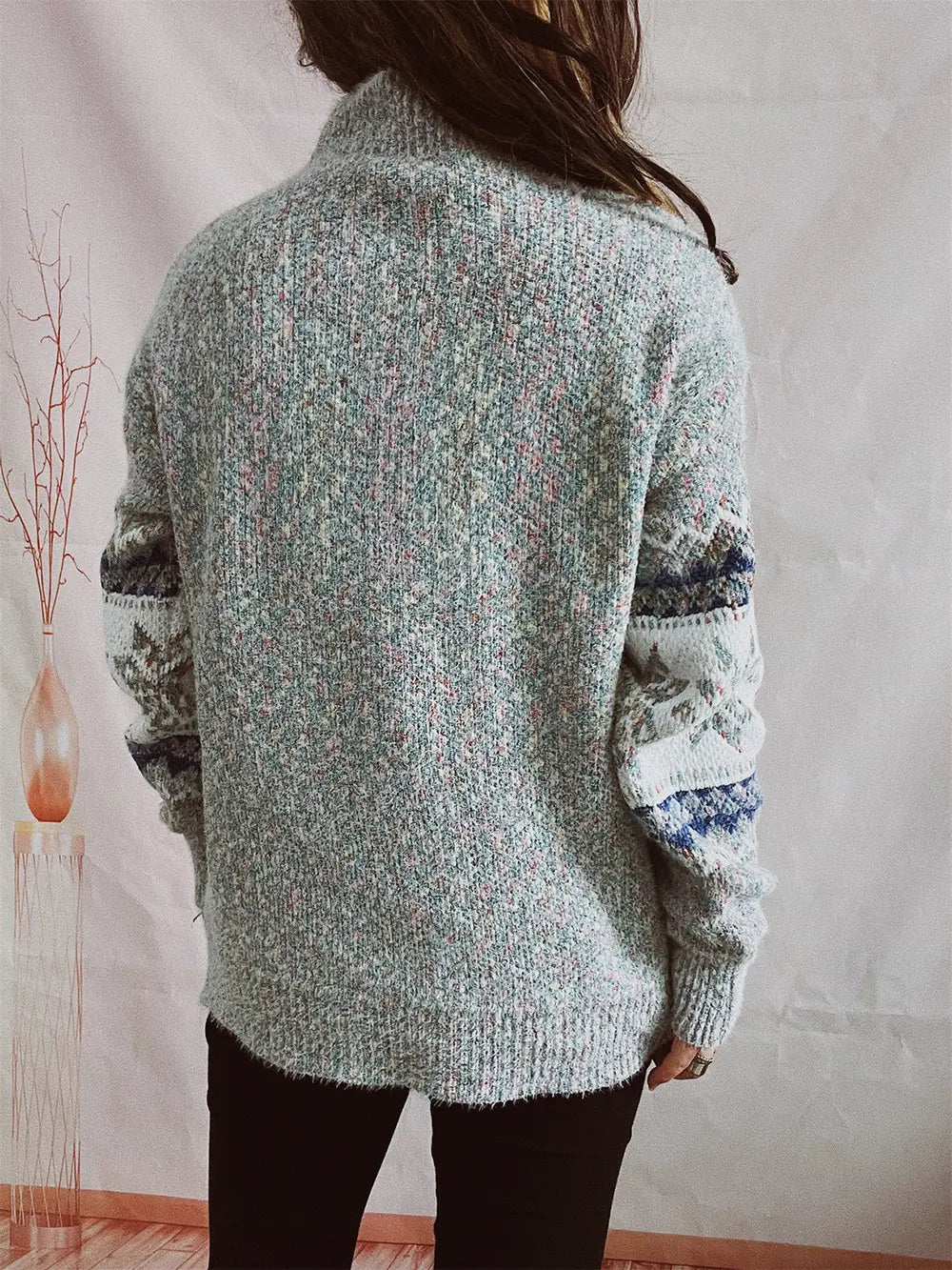 Geometric Mock Neck Dropped Shoulder Sweater - Fashorio