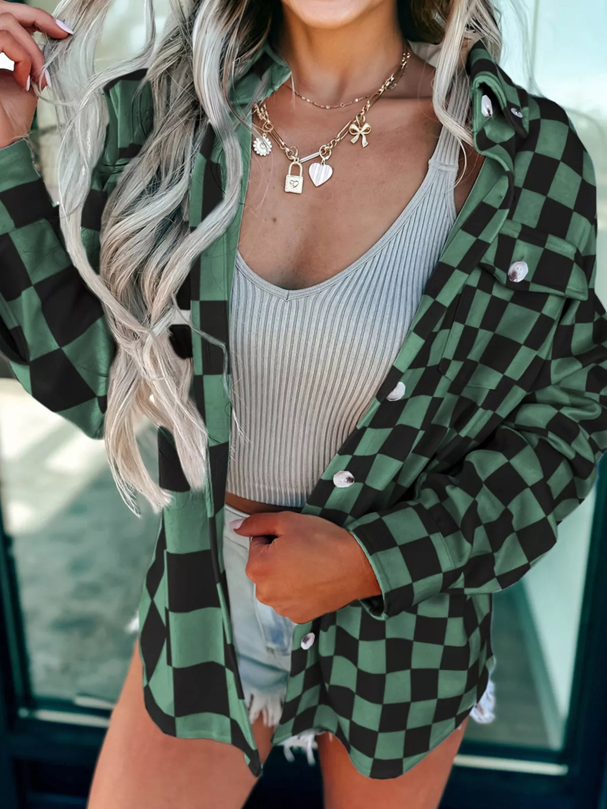 Checkered Button Up Oversized Shacket in Dark Green
