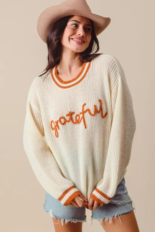 SO ME Thanksgiving Grateful Lettering Stitch Sweater - Fashorio