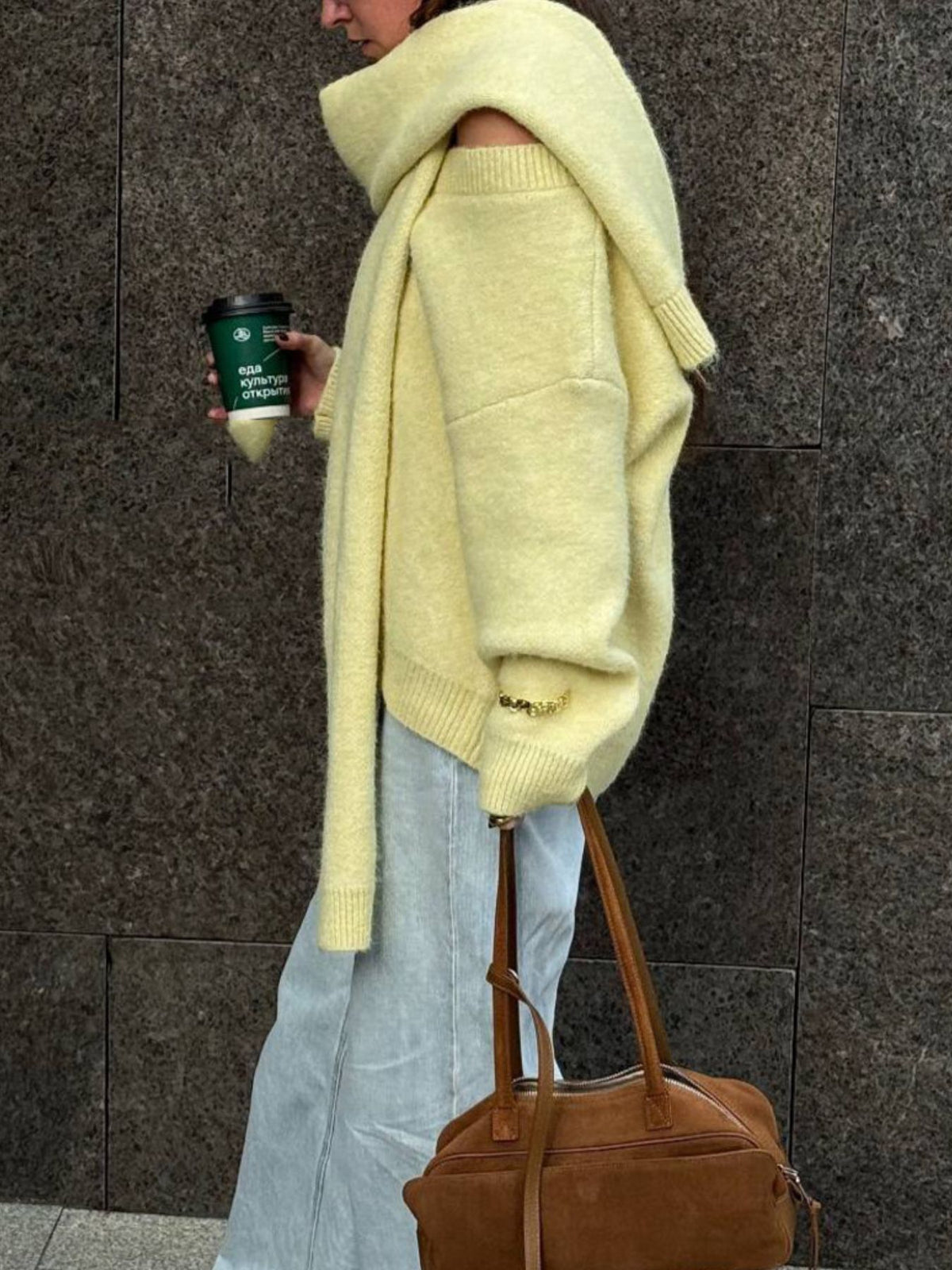 Oversized V Neck Dropped Shoulder Sweater with Scarf, view 15