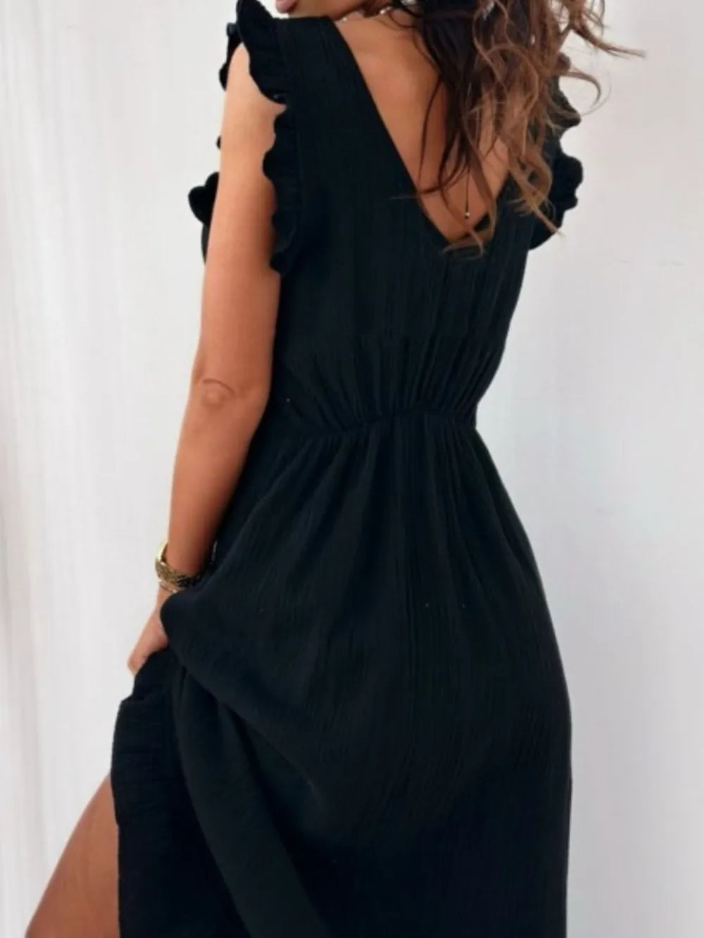 Ruffled V neck cap sleeve maxi dress back view styled