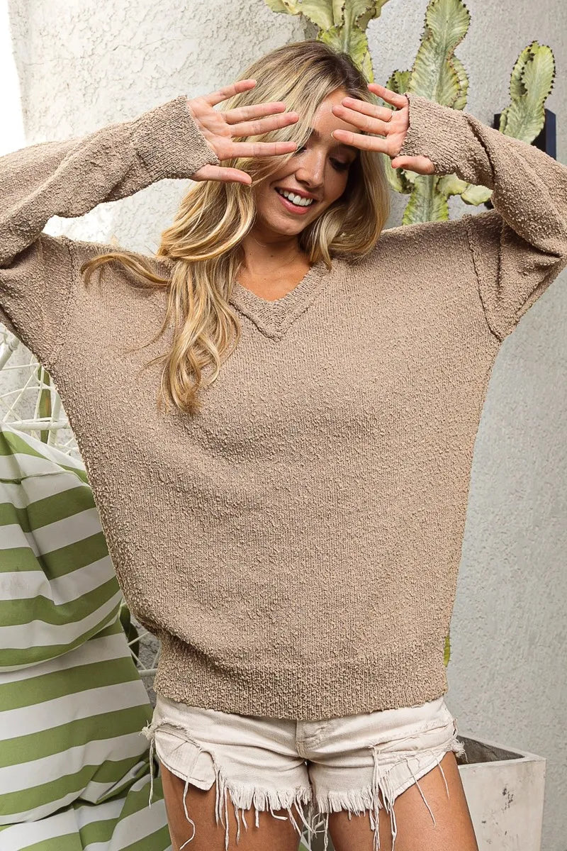 Raw Edge Popcorn Texture V Neck Sweater in Latte