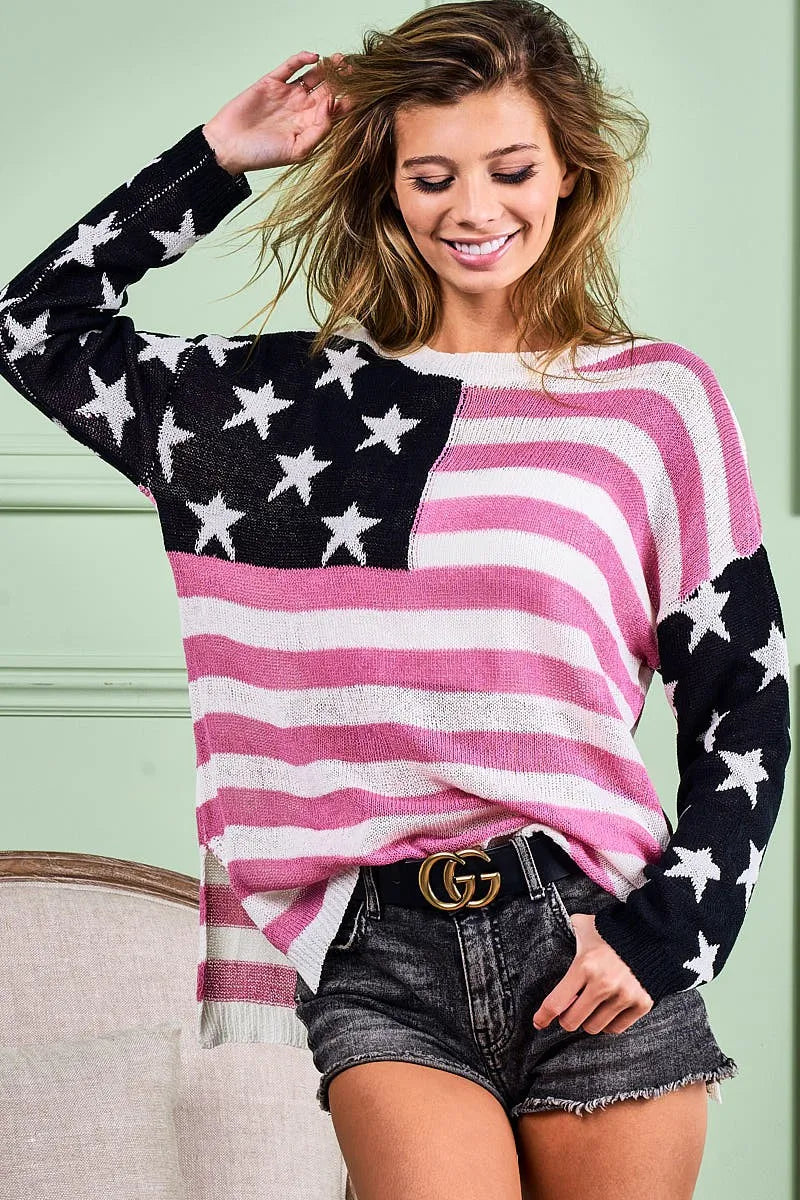 BiBi American Flag Low Gauge Knit Top - Fashorio