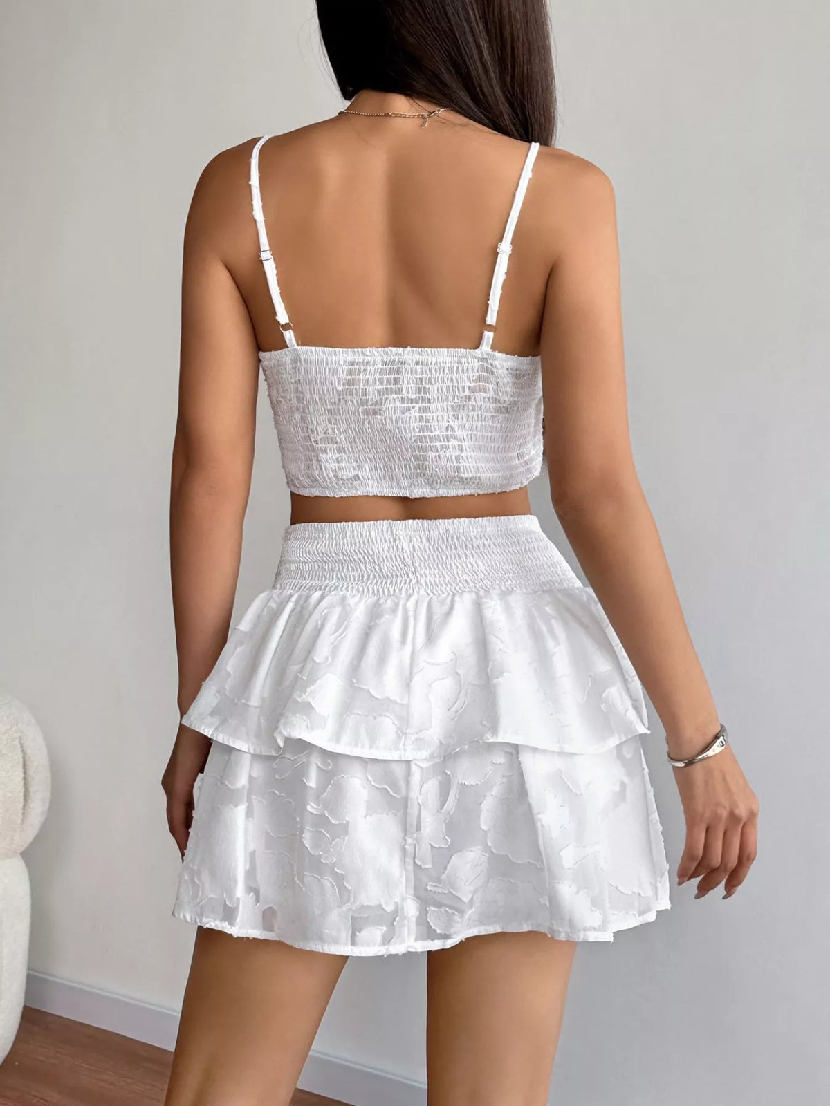 Smocked crop top and ruffle skirt set full length styling