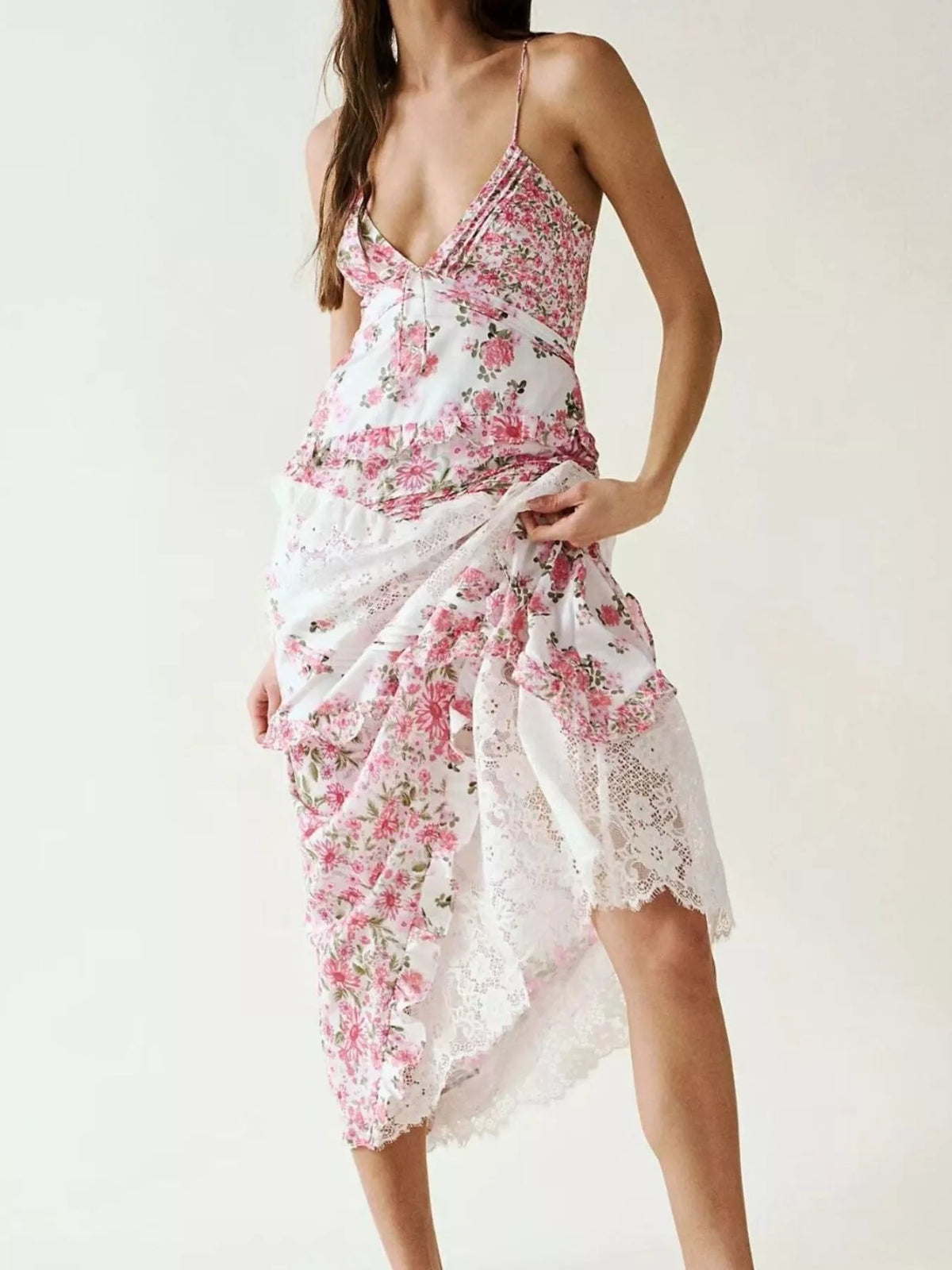 Lace detail ruffled floral v neck maxi dress, full outfit view