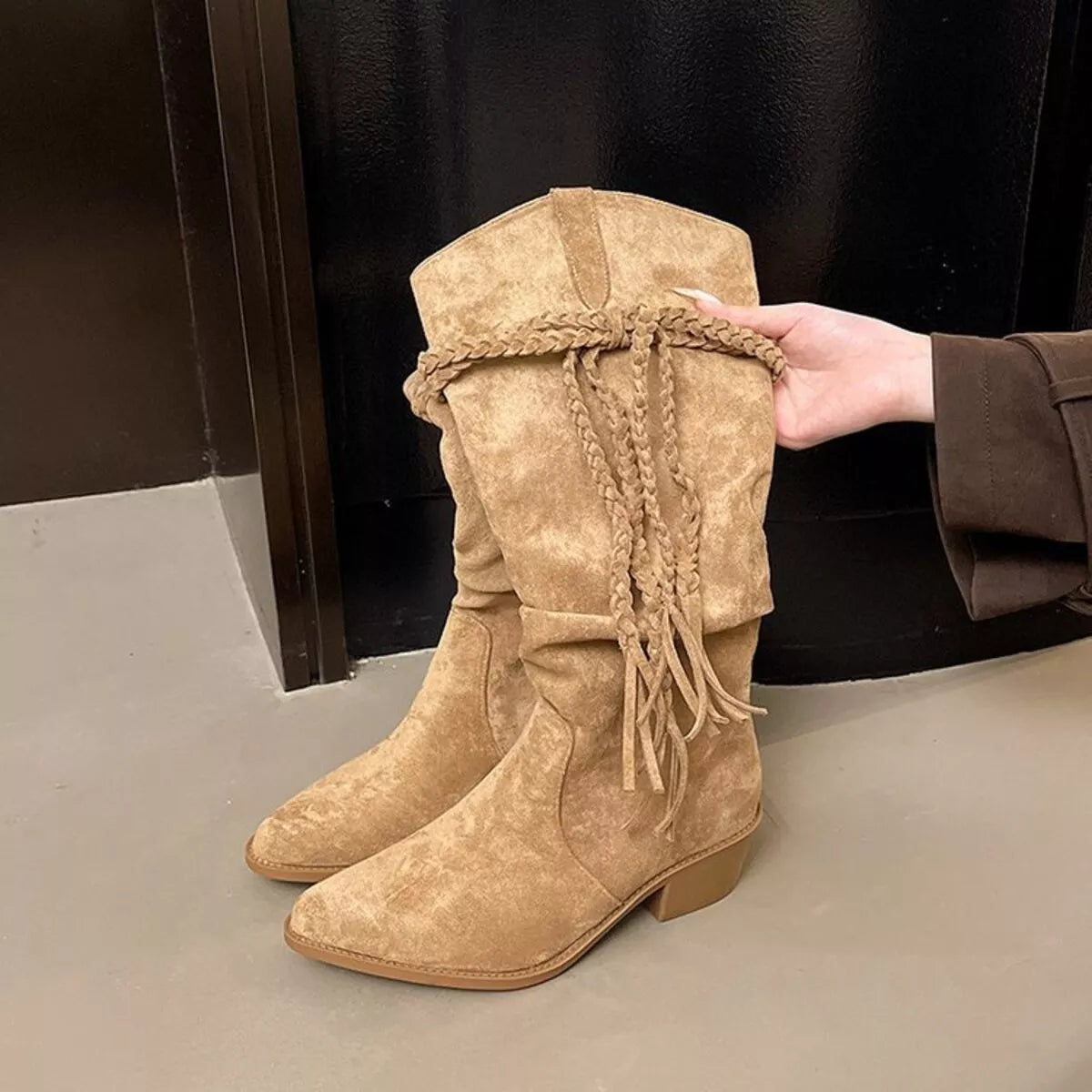 point toe block heel boots angled pair