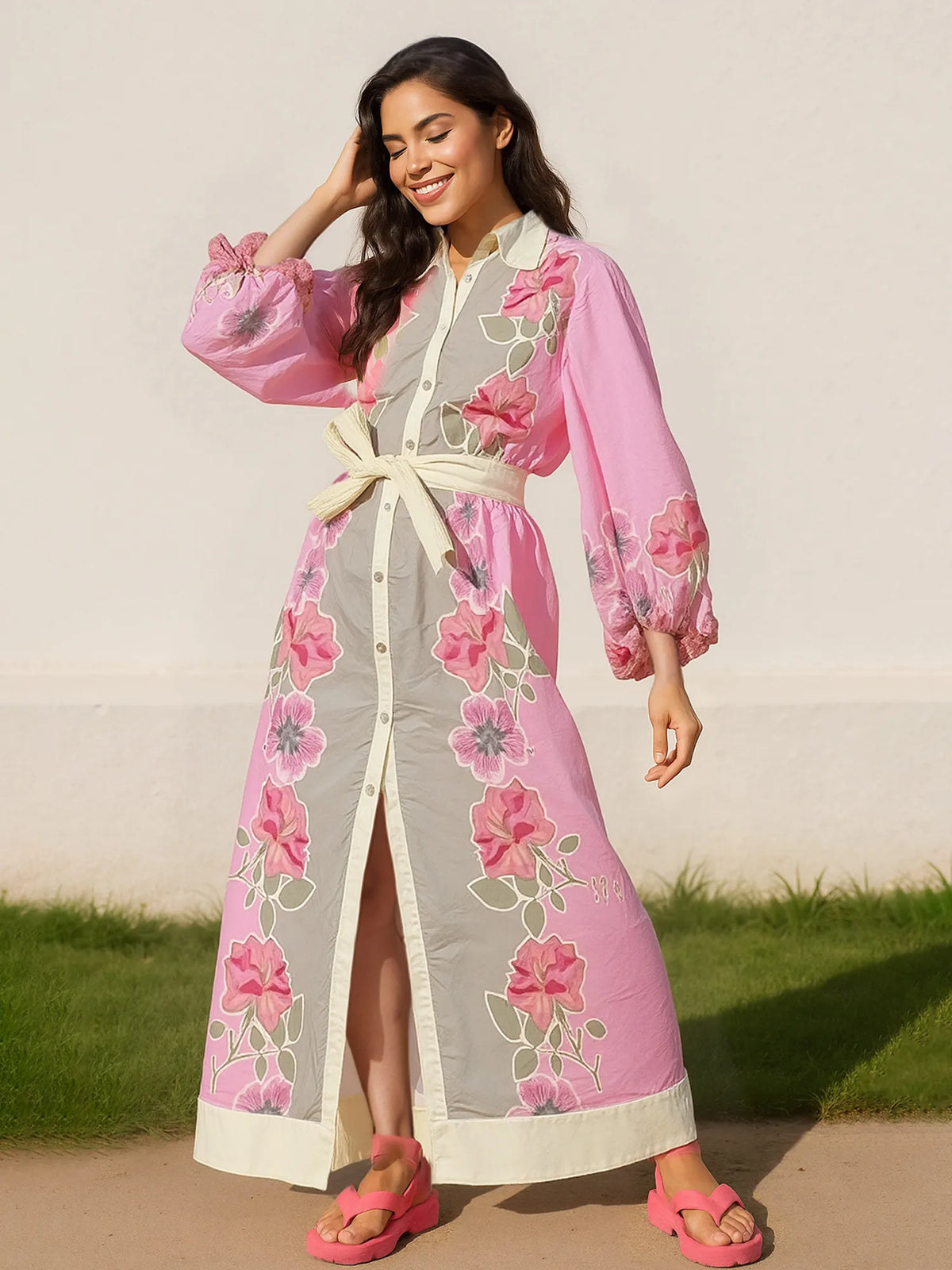 Pink floral long sleeve maxi shirt dress, front view