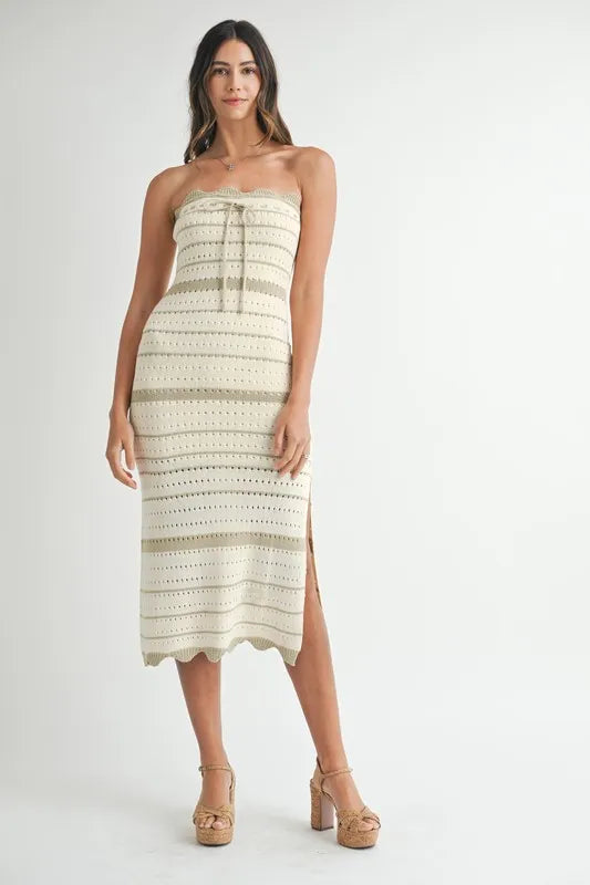 MABLE Contrast Striped Crochet Knit Midi Dress - Fashorio