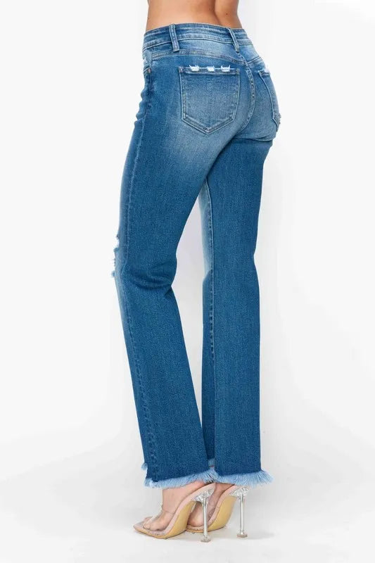bytos Full Size Raw Hem Distressed Mid Rise Straight Jeans - Fashorio