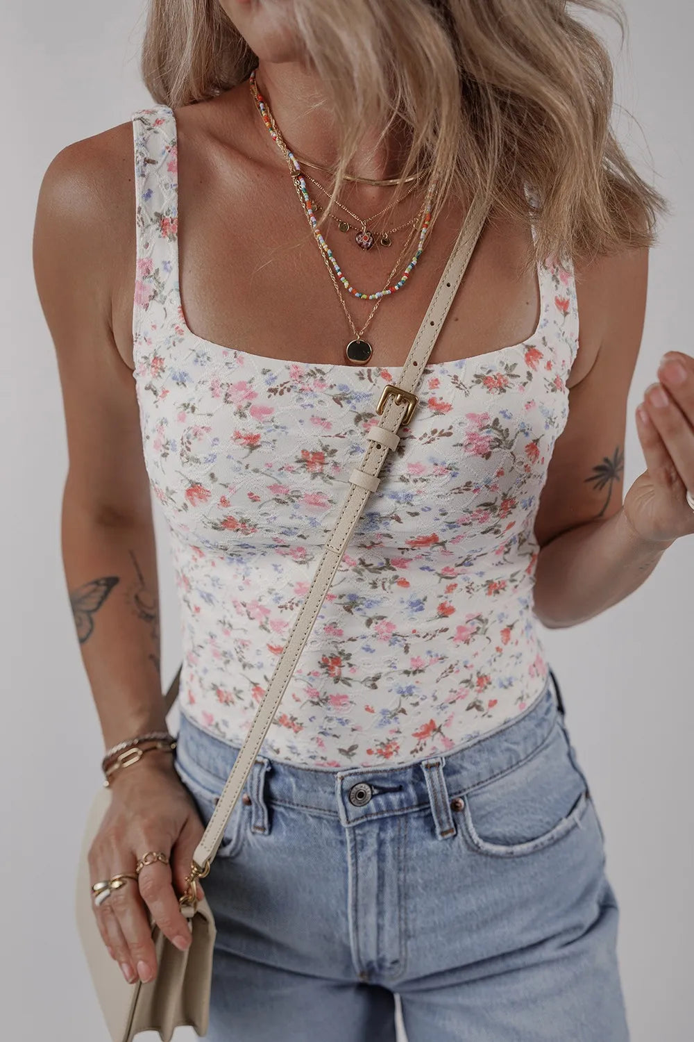 Floral Textured Square Neck Sleeveless Bodysuit - Fashorio