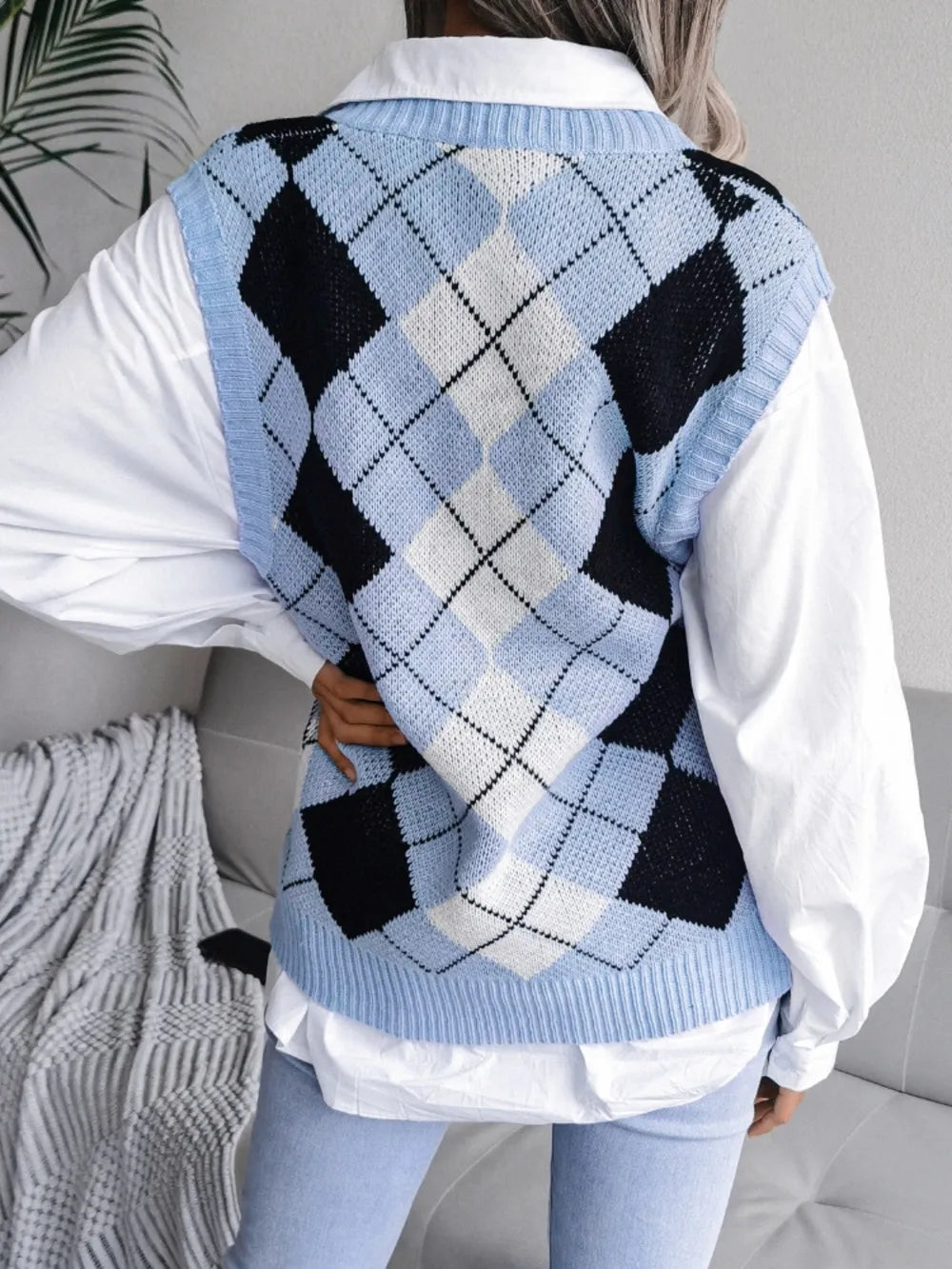 Plaid V Neck Sweater Vest in Khaki view 13