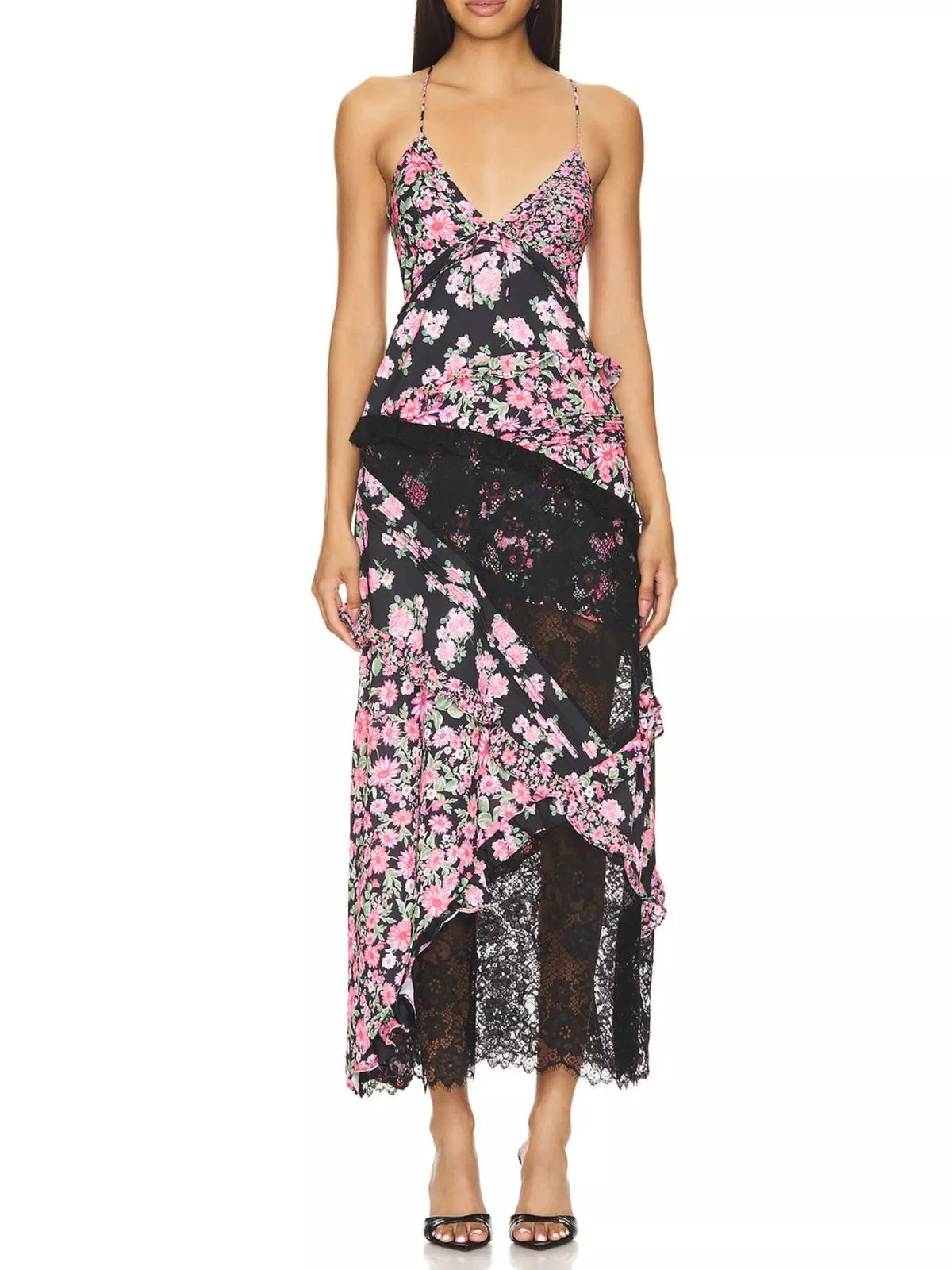 Full length lace maxi dress styled for an event