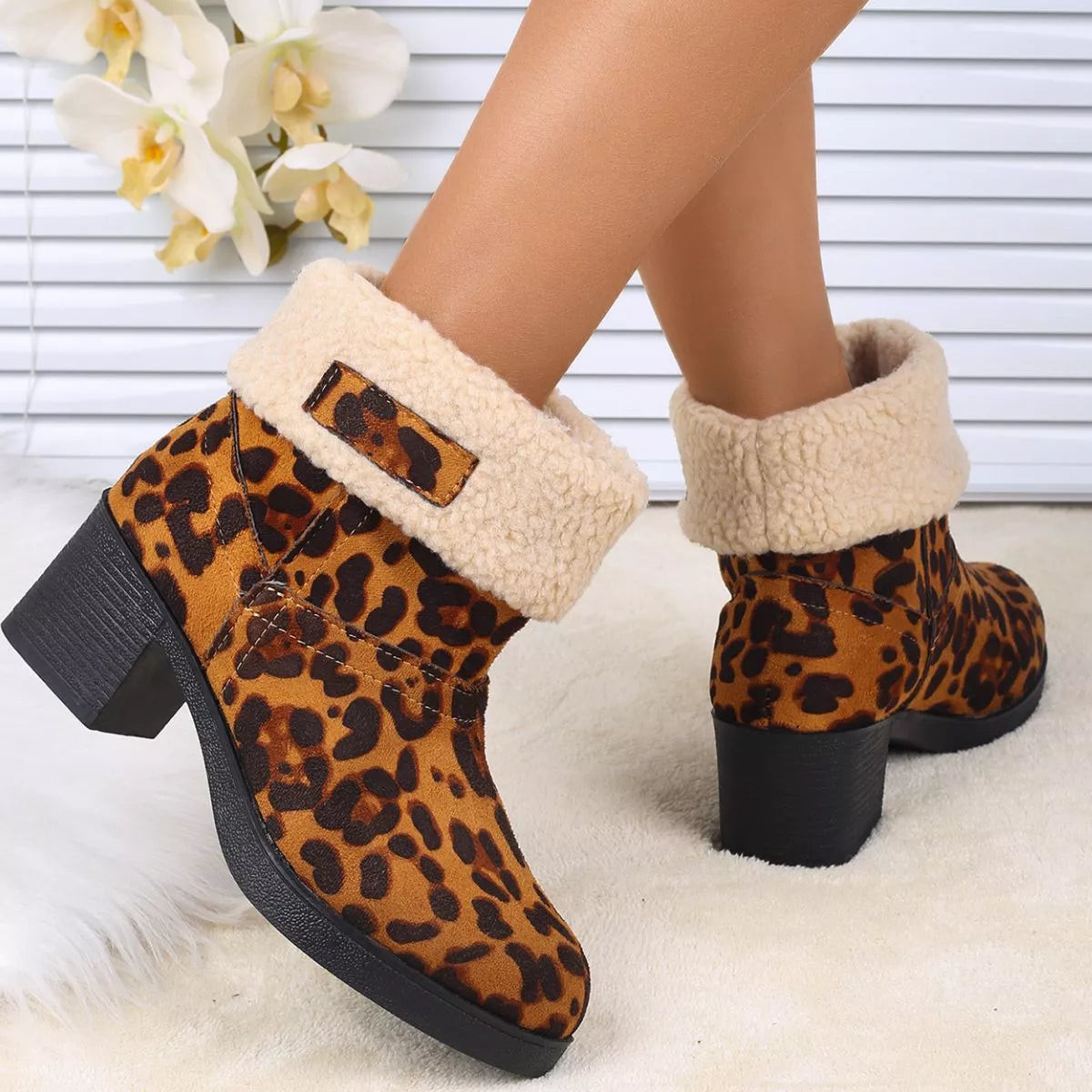 Plush Cuff Block Heel Boots full length view