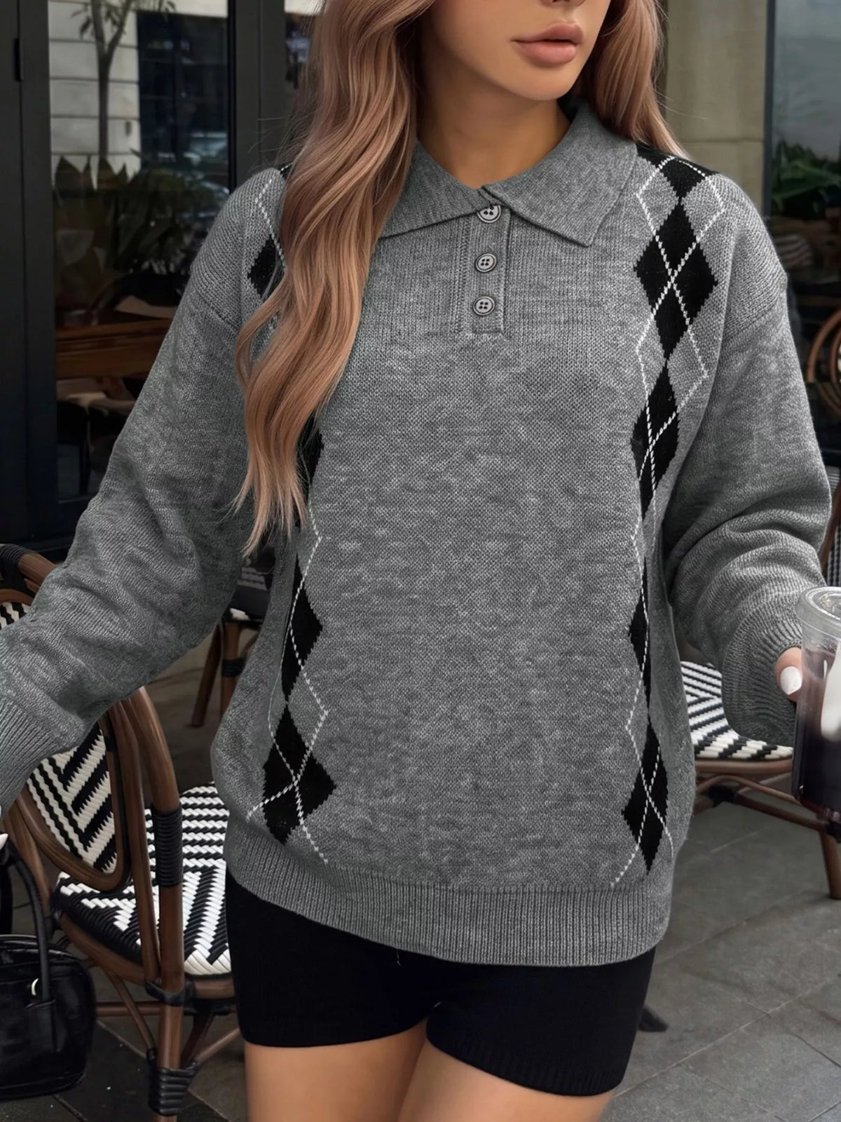 Argyle Polo Collar Ribbed Sweater detail