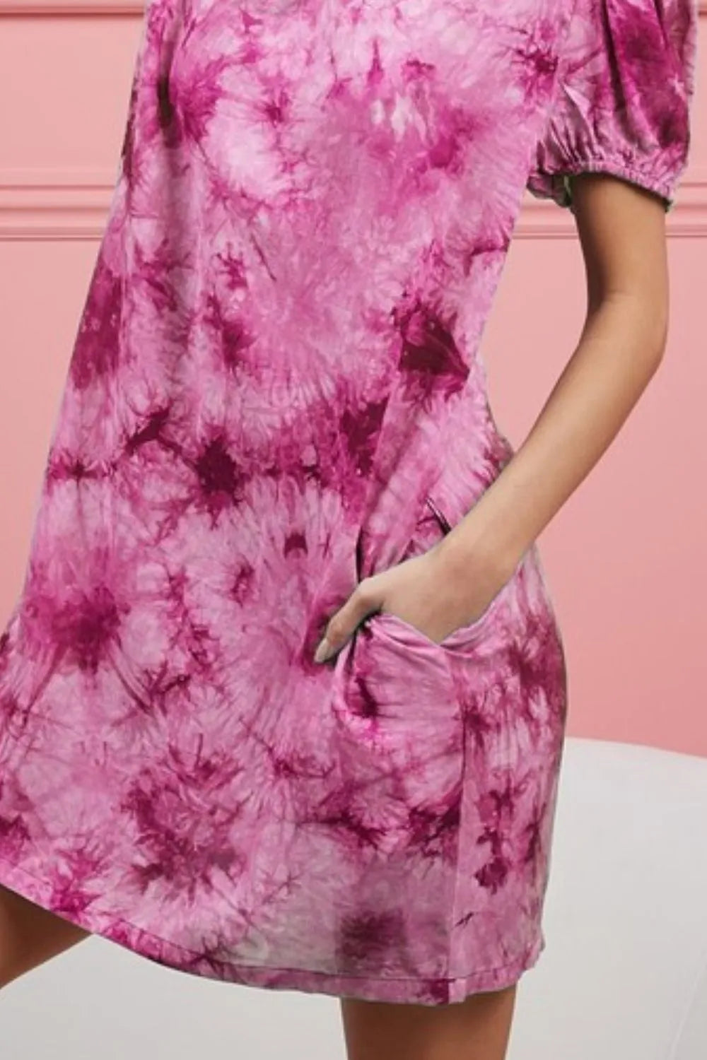 Tie Dye Puff Sleeve Dress with Pockets in Fuchsia side view