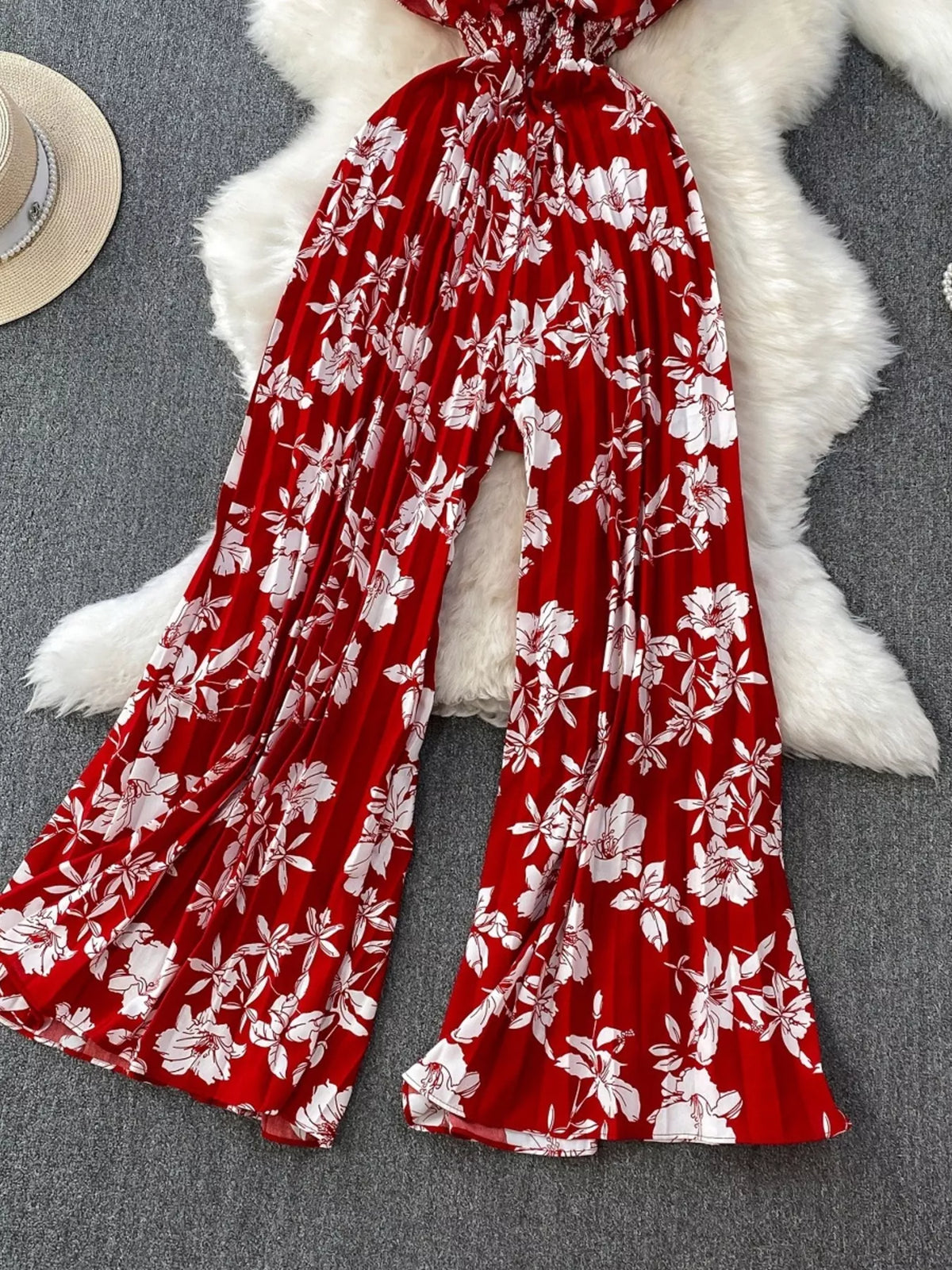 Floral print wide leg pleated jumpsuit front view