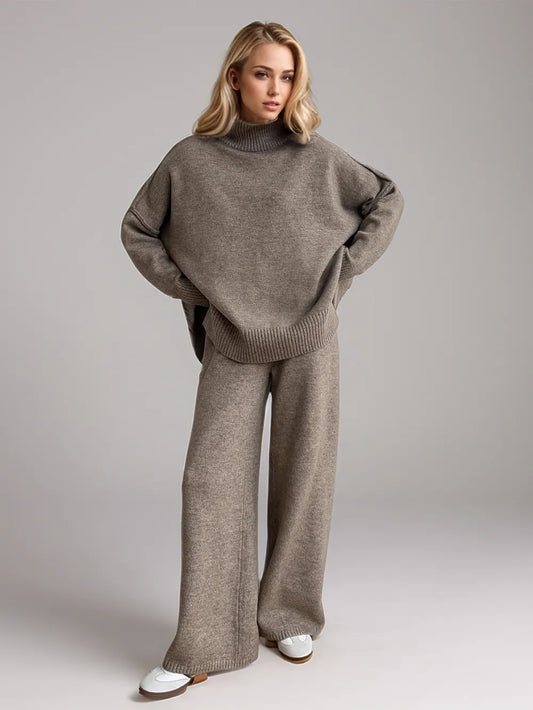 Slit Turtleneck Long Sleeve Top and Pants Sweater Set - Fashorio