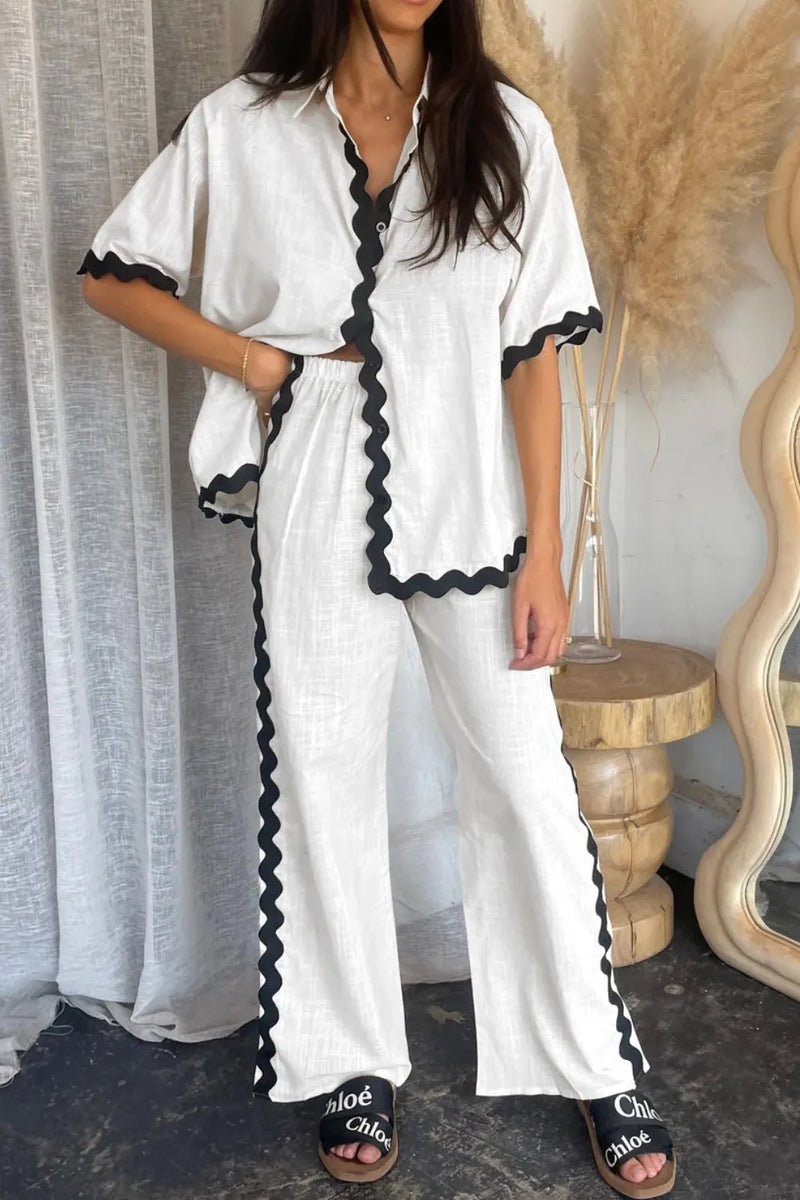 Contrast trim half sleeve top and pants set white front view