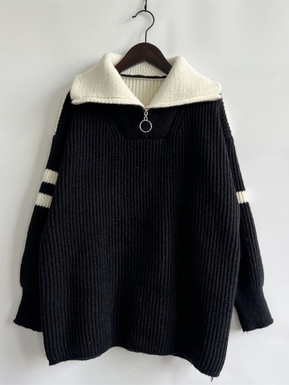 Ribbed Two-Tone Half Zip Sweater - Fashorio
