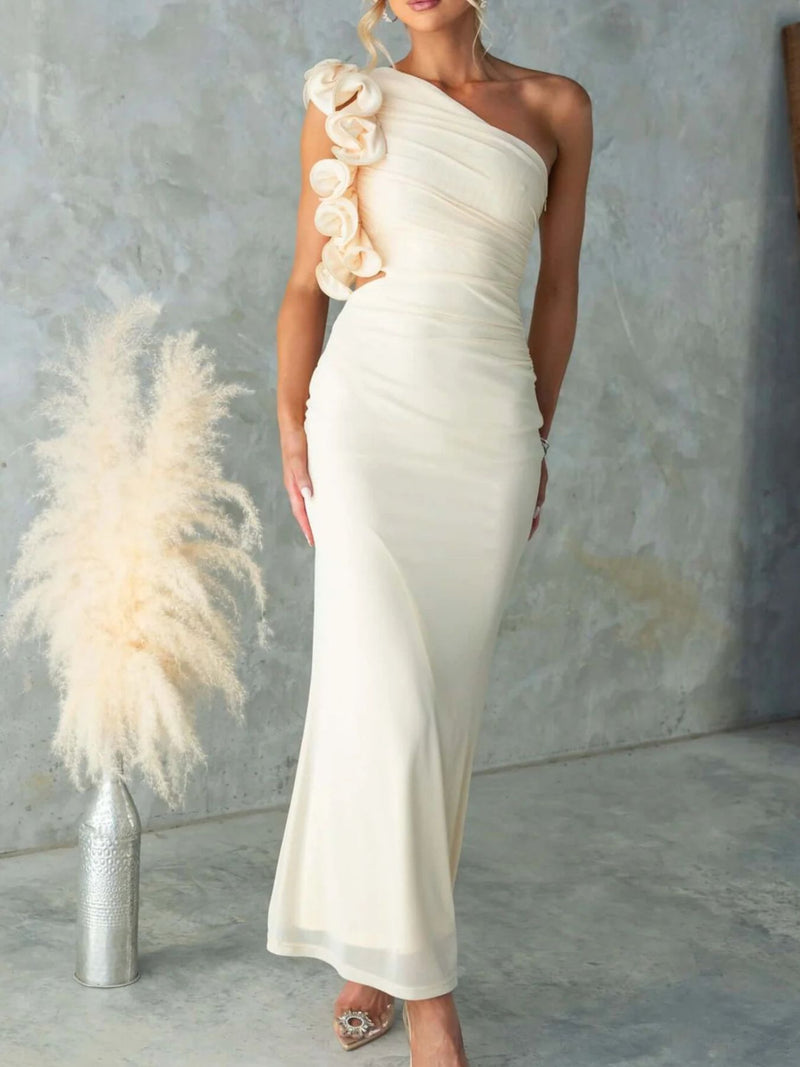 One shoulder floral trim sleeveless maxi dress front view
