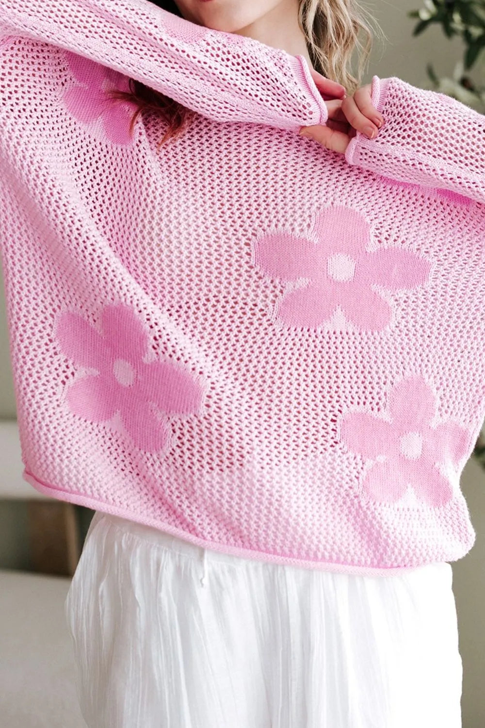 Openwork Round Neck Floral Knit Kimono Cover Up, view 6