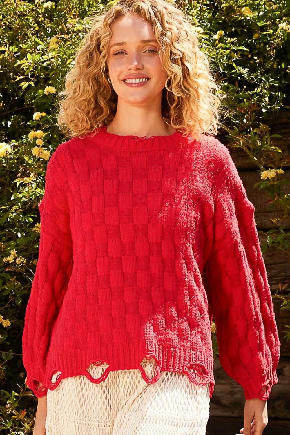 Checkered Distressed Edge Sweater in Candy Apple Red detail