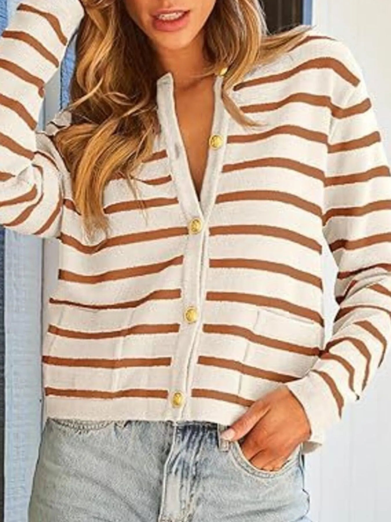 Striped Button-Up Cardigan Ochre & White - Fashorio