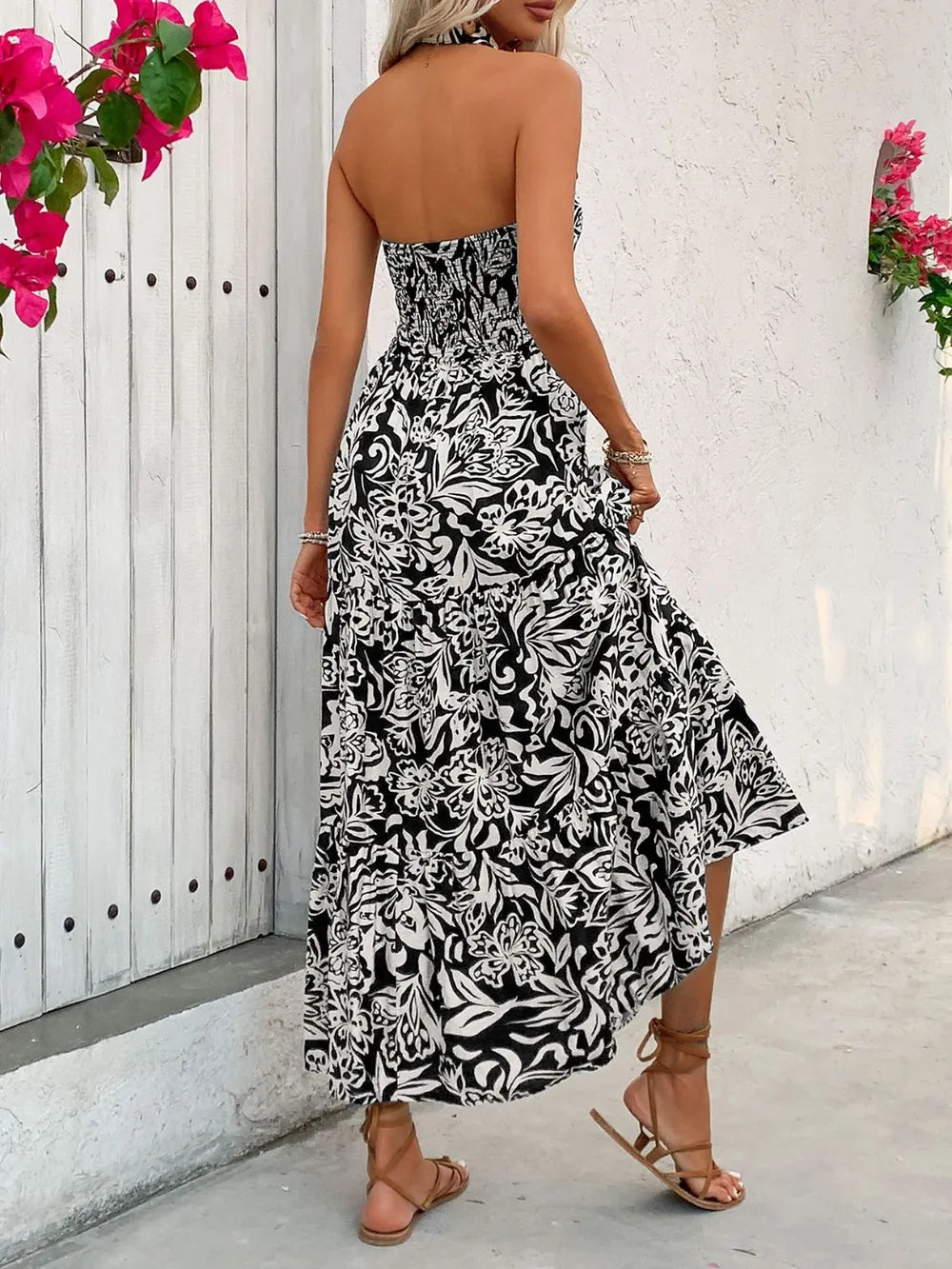 Open back smocked midi dress rear view